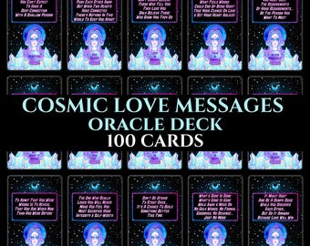 May include: A set of 100 oracle cards with a cosmic love theme. The cards feature colourful illustrations of a woman with a crown and a starry background. The cards are titled "Cosmic Love Messages Oracle Deck".