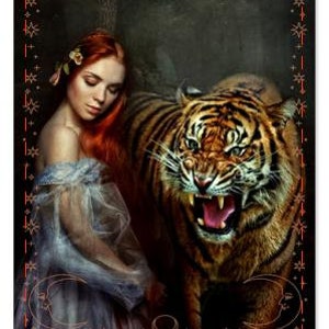 May include: A woman with long red hair stands beside a large tiger. The tiger is roaring with its mouth open. The image is in a dark, moody style. The text on the image reads "Taming the Beast. You make them putty in your hands, they know their old conquering ways will not work with you."