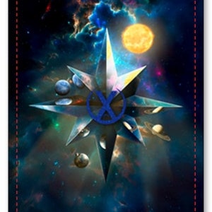 May include: A tarot card featuring a cosmic design with a central starburst element. The card showcases a vibrant nebula background with planets and a bright sun. The text "MAHRUKH X" is at the bottom, framed by a red dotted border.