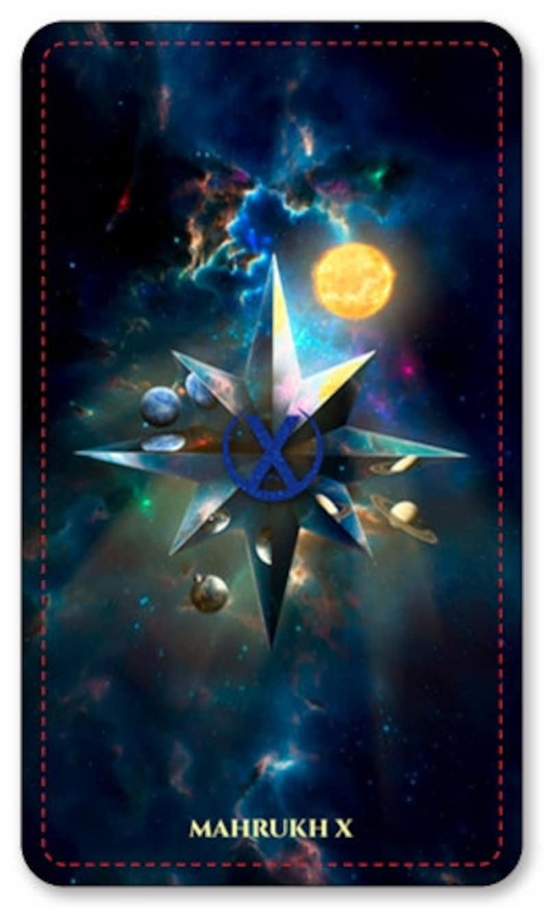 May include: A tarot card featuring a cosmic design with a central starburst element. The card showcases a vibrant nebula background with planets and a bright sun. The text "MAHRUKH X" is at the bottom, framed by a red dotted border.