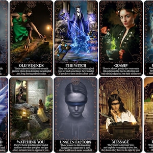 May include: A set of 10 tarot cards with colourful illustrations and text. The cards feature a variety of characters and scenes, including a witch, a fairy, and a woman with a blindfold. The text on the cards includes phrases like "Release", "Old Wounds", "The Witch", "Gossip", "Energy Cords", "Divinely Guided", "Watching You", "Unseen Factors", "Message", and "Resurrection".
