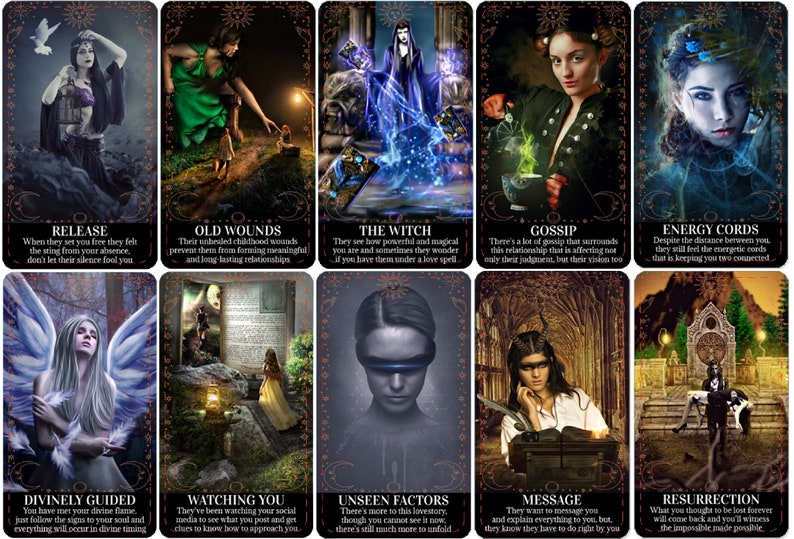 May include: A set of 10 tarot cards with colourful illustrations and text. The cards feature a variety of characters and scenes, including a witch, a fairy, and a woman with a blindfold. The text on the cards includes phrases like "Release", "Old Wounds", "The Witch", "Gossip", "Energy Cords", "Divinely Guided", "Watching You", "Unseen Factors", "Message", and "Resurrection".