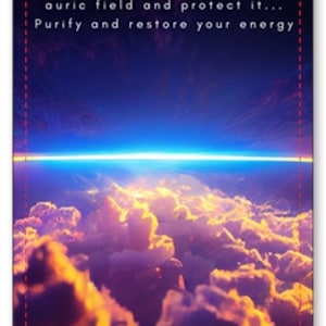 May include: A rectangular card with a dark blue background featuring the text "AURIC FIELD". The card has a celestial image of clouds and a bright horizon. The text reads, "Your vibe is a gift. It is time to clear your auric field and protect it... Purify and restore your energy."