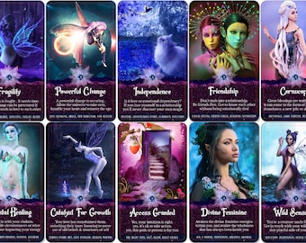 May include: A set of 10 oracle cards with colorful illustrations of fairies and nature scenes. Each card features a title and a short description. The cards are designed for divination and self-discovery.
