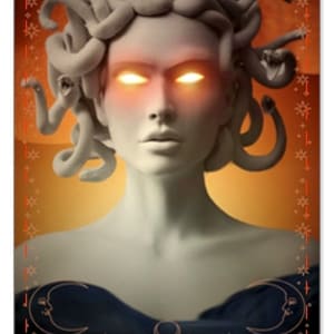 May include: A tarot card featuring a woman with snakes for hair. The card is orange and black with the word "STONE" in a white box. The text below reads "They are emotionally unavailable, it is for your highest good to move on and find your happiness again."