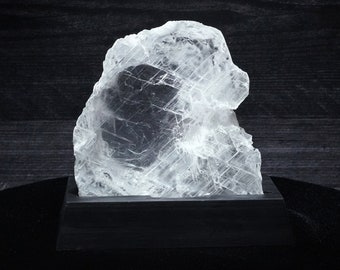 Large Programmed Gypsum Selenite on Wooden Stand from Brazil