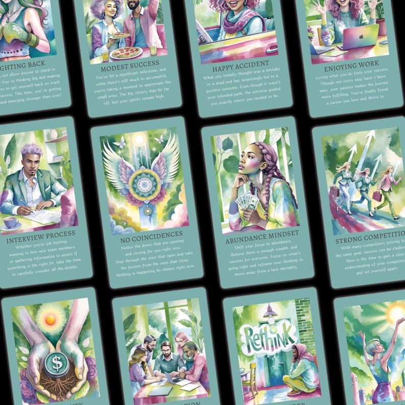 May include: A set of 10 colorful cards with watercolor illustrations and text. The cards feature themes such as "Fighting Back", "Modest Success", "Happy Accident", "Enjoying Work", "Interview Process", "No Coincidences", "Abundance Mindset", "Strong Competition", and "Rethink".