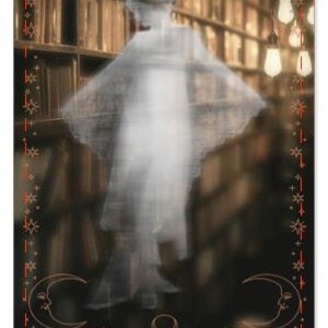 May include: A tarot card featuring a ghostly figure in a library setting. The card is titled "Haunted" and the text reads "Their vivid dreams haunt them, they dream of how they broke your heart and you moving on with someone else."