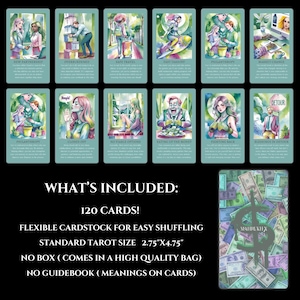 May include: A set of 120 tarot cards with watercolor illustrations. The cards are printed on flexible cardstock and are standard tarot size, 2.75 inches by 4.75 inches. The cards come in a high-quality bag and do not include a guidebook. The meanings are printed on the cards.