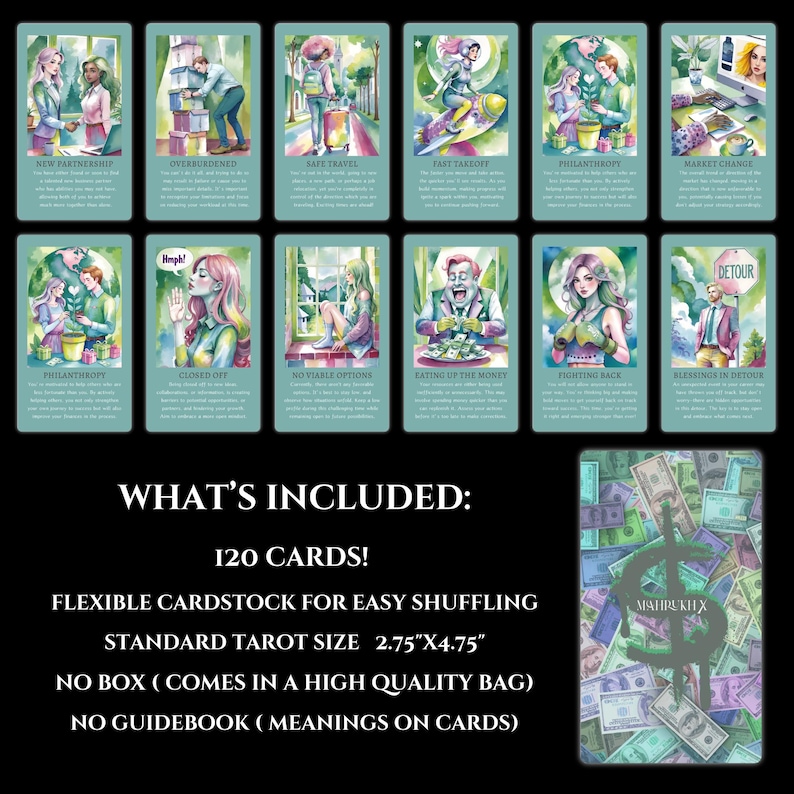 May include: A set of 120 tarot cards with watercolor illustrations. The cards are printed on flexible cardstock and are standard tarot size, 2.75 inches by 4.75 inches. The cards come in a high-quality bag and do not include a guidebook. The meanings are printed on the cards.