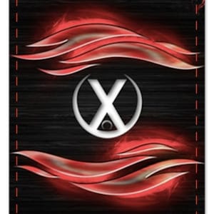 May include: A black and red card with the text "Twin Flame Confessions" and a stylized silver "X" with a circle in the center. The background is a dark, textured surface with red flames.