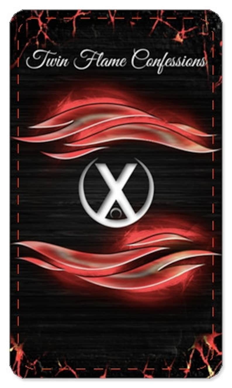 May include: A black and red card with the text "Twin Flame Confessions" and a stylized silver "X" with a circle in the center. The background is a dark, textured surface with red flames.