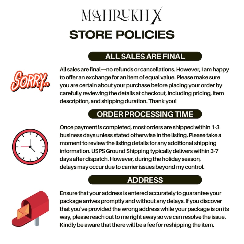May include: Store policies for an online shop, with the text "All Sales Are Final" in a red box. The text "Sorry" is in a red box with a white background. The text "Order Processing Time" is in a red box. The text "Address" is in a red box. The image also includes a clock and a package icon.