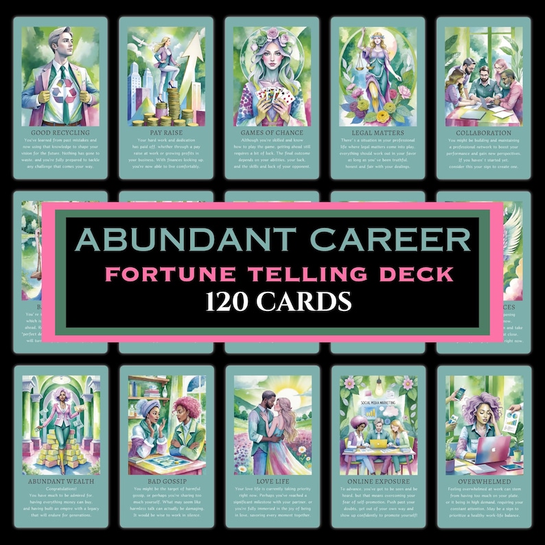 May include: A deck of 120 illustrated cards for fortune telling, titled "Abundant Career Fortune Telling Deck". The cards feature watercolor illustrations of people and scenes related to career and success.