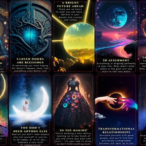 May include: A set of ten oracle cards with mystical illustrations and text. Each card features a unique design with themes of spirituality, love, and personal growth. The cards have a dark border and vibrant colors.