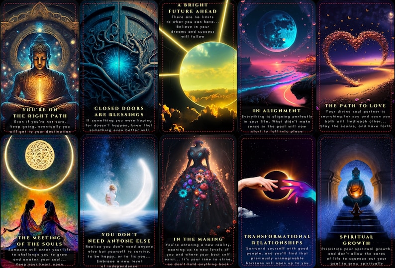 May include: A set of ten oracle cards with mystical illustrations and text. Each card features a unique design with themes of spirituality, love, and personal growth. The cards have a dark border and vibrant colors.