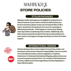 May include: Store policies graphic with text about stolen packages and international orders. Includes an illustration of a thief with a bag and icons for taxes and a wait sign. The text explains the shop's policies.