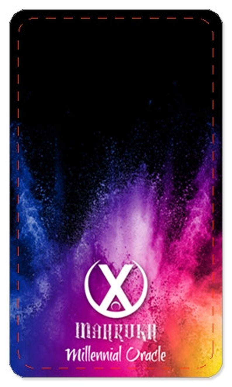 May include: A colorful card with a white X in a circle and the text "Mahrukh Millennial Oracle". The background is a vibrant mix of blue, purple, pink, and yellow.