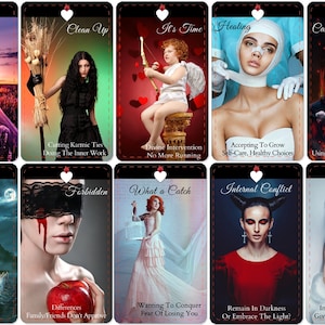 May include: A set of 10 tarot cards with colorful illustrations and text. The cards feature images of people, animals, and objects. The text on the cards includes phrases like "Awakening", "Clean Up", "It's Time", "Healing", "Cannot Be Trusted", "Children", "Forbidden", "What a Catch", "Internal Conflict", and "Cold as Ice".