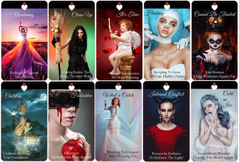 May include: A set of 10 tarot cards with colorful illustrations and text. The cards feature images of people, animals, and objects. The text on the cards includes phrases like "Awakening", "Clean Up", "It's Time", "Healing", "Cannot Be Trusted", "Children", "Forbidden", "What a Catch", "Internal Conflict", and "Cold as Ice".