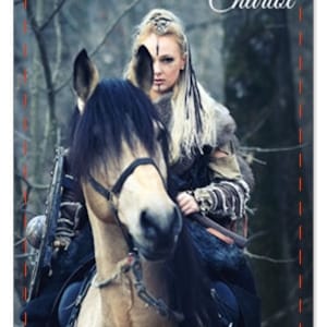May include: A tarot card illustration depicting a woman riding a horse through a forest. The card is titled "Chariot" and the number "7" is displayed in a red heart. The text "Forging Ahead Coming Out Victorious" is at the bottom of the card.