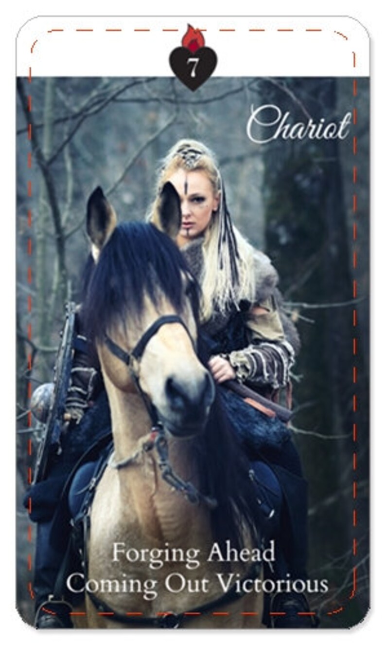 May include: A tarot card illustration depicting a woman riding a horse through a forest. The card is titled "Chariot" and the number "7" is displayed in a red heart. The text "Forging Ahead Coming Out Victorious" is at the bottom of the card.
