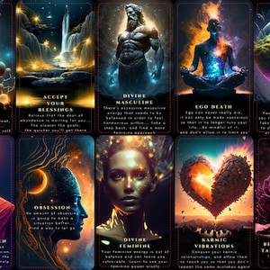 May include: A set of ten tarot cards with vibrant, surreal illustrations. Each card features unique artwork and text, including themes of destiny, blessings, and divine energy. The color palette includes blues, golds, and purples.