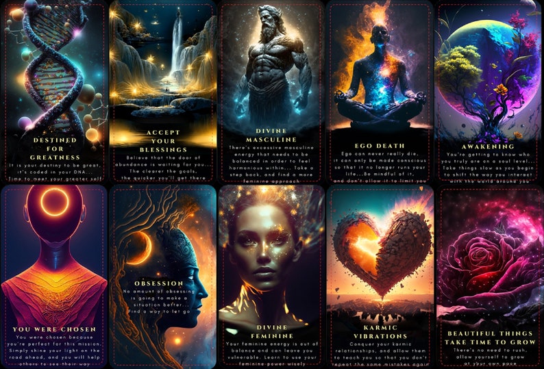 May include: A set of ten tarot cards with vibrant, surreal illustrations. Each card features unique artwork and text, including themes of destiny, blessings, and divine energy. The color palette includes blues, golds, and purples.