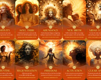 May include: A set of 10 oracle cards with colourful illustrations of women and a sunburst background. Each card features a different word and phrase, such as "Positivity", "Soul Tribe", "Abundance", "New Birth", "Midas Touch", "Potential", "Regeneration", "Freedom", "Activation", and "Clear as Day".