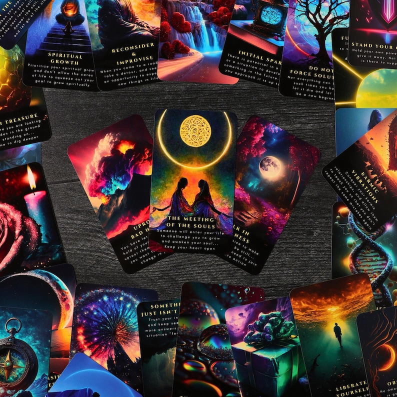 May include: A collection of tarot cards with colorful illustrations and text. The cards feature images of nature, figures, and celestial bodies. Some cards have text like "Spiritual Growth" and "The Meeting of the Souls".