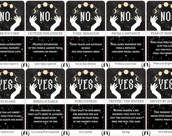 May include: A set of 10 tarot cards with black backgrounds and gold accents. Each card features a pair of hands holding a crescent moon and a phrase related to love and relationships. The cards are labeled with "YES" or "NO" and include phrases like "Twin Flame", "Irreplaceable", "Testing the Waters", and "Driven by Jealousy".