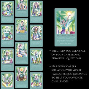 May include: A set of 16 illustrated cards with a green and blue background. Each card features a different image and text. The text on the cards includes "Game of Chance", "Money Magnet", "Rethink", "Money Discovery", "Reconsider", "Interview Process", "No Coincidences", "Path to Growth", "New Money", "Communication", "Pay Raise", "Abundant Wealth", and "Successful Outcome".