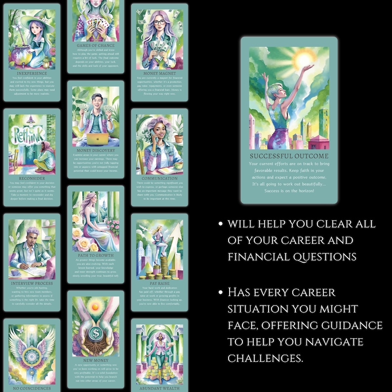 May include: A set of 16 illustrated cards with a green and blue background. Each card features a different image and text. The text on the cards includes "Game of Chance", "Money Magnet", "Rethink", "Money Discovery", "Reconsider", "Interview Process", "No Coincidences", "Path to Growth", "New Money", "Communication", "Pay Raise", "Abundant Wealth", and "Successful Outcome".