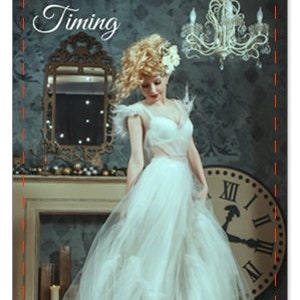 May include: A vintage-inspired tarot card with a woman in a white gown standing in front of a clock. The card is titled "Divine Timing" and has the text "Patience Needed Surrender To The Unknown" at the bottom.