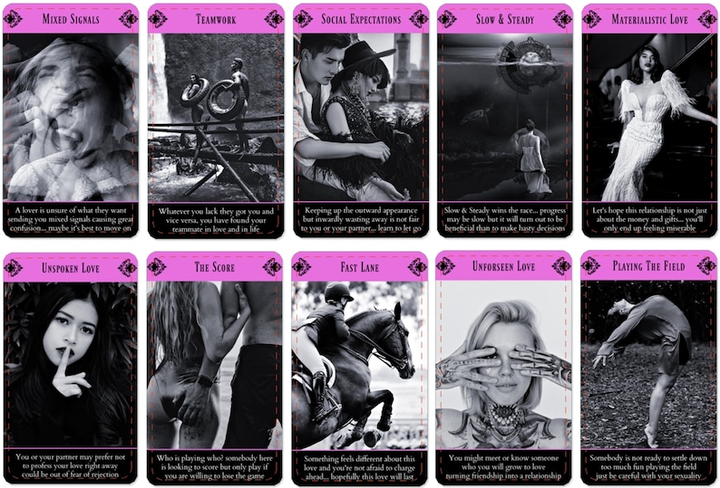 Pode incluir: Dez cartas de jogo cor-de-rosa com imagens e texto em preto e branco. Cada carta apresenta um tema de relacionamento diferente, como "Sinais mistos", "Trabalho de equipa", "Expectativas sociais", "Lento e constante", "Amor materialista", "Amor n&atilde;o dito", "A pontua&ccedil;&atilde;o", "Faixa r&aacute;pida", "Amor imprevisto" e "Jogar no campo".