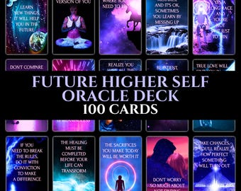 May include: A set of 100 oracle cards with colorful backgrounds and inspirational messages. The cards are titled "Future Higher Self Oracle Deck".