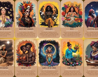May include: A set of 10 tarot cards with colorful illustrations of people and scenes. Each card has a title and a short description. The cards are designed in a vintage style with gold accents.