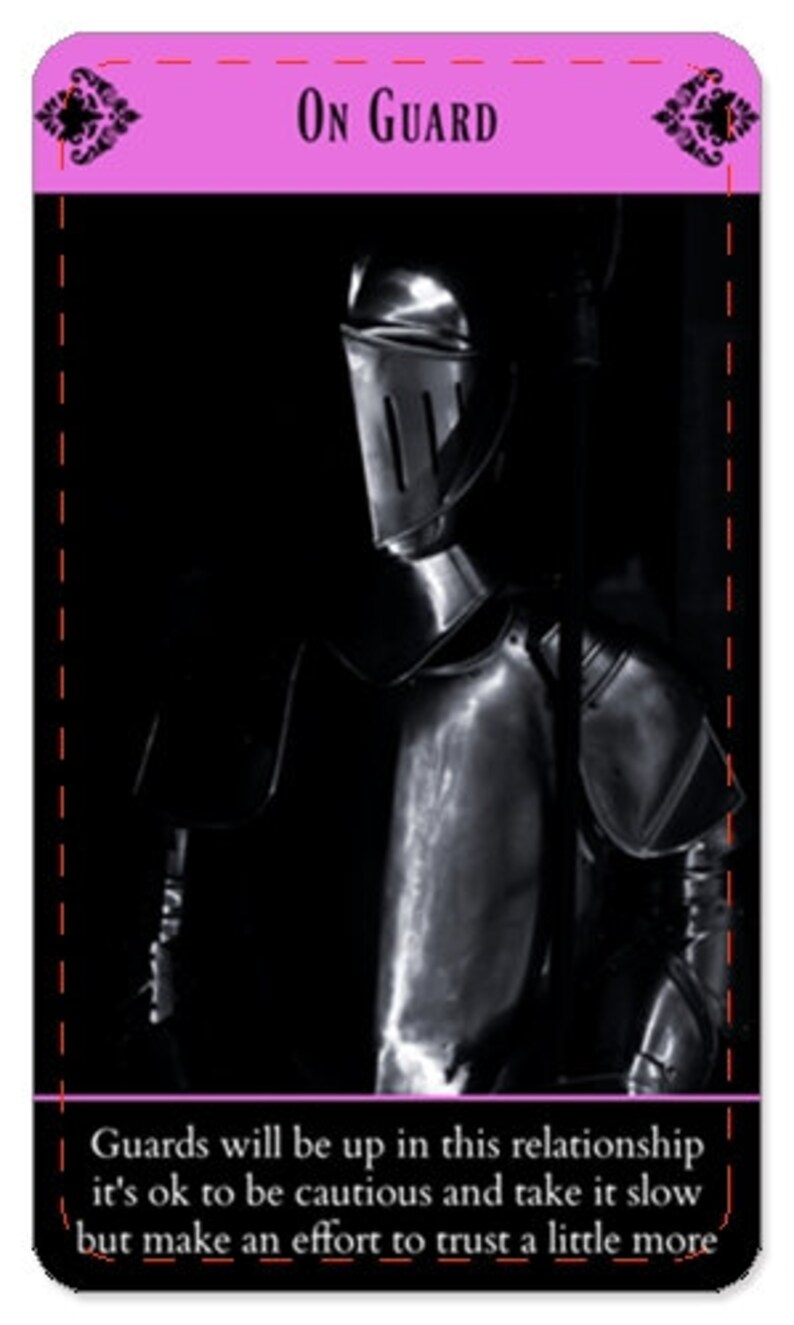Pode incluir: Uma imagem preto e branco de um cavaleiro de armadura com o texto "ON GUARD" no topo. O texto abaixo da imagem diz "Guards will be up in this relationship it's ok to be cautious and take it slow but make an effort to trust a little more."