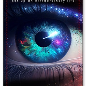 May include: A card featuring a detailed eye with a vibrant, cosmic iris in shades of blue, green, and purple. The card has text that reads "FOCUS ON YOUR OWN GAME" and "Stay in your lane, do this, and in due time you will set up an extraordinary life."