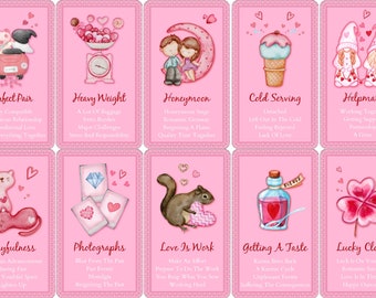 May include: Pink and white illustrated cards with various images and text. The cards feature a couple in a car, a scale with hearts, a couple under a crescent moon, an ice cream cone, two gnomes holding hands, a cat, a diamond ring, a squirrel holding a heart, a bottle with a heart inside, and a four-leaf clover.