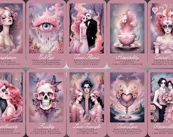 May include: A set of ten illustrated tarot cards with pink and white imagery. Each card features a different illustration and text describing the card's meaning. The cards are part of a larger set of tarot cards.