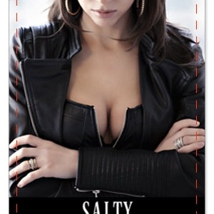 May include: A woman wearing a black leather jacket with a zippered front and a black baseball cap with the letter "N" on it. The text "SALTY" is at the bottom of the image. The text "Sudden change of mood, Feeling someone did you wrong. Upset, Bitter, Annoyed, Jealous" is below the word "SALTY".