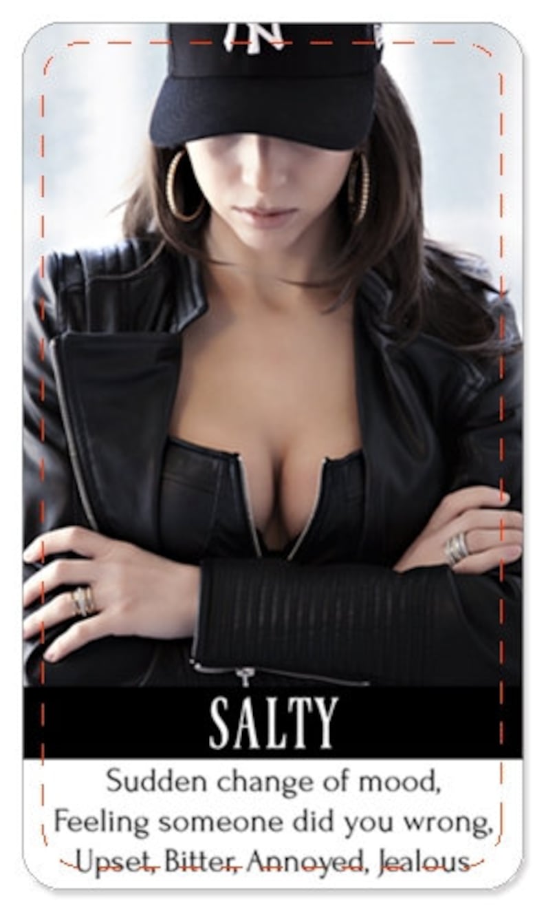 May include: A woman wearing a black leather jacket with a zippered front and a black baseball cap with the letter "N" on it. The text "SALTY" is at the bottom of the image. The text "Sudden change of mood, Feeling someone did you wrong. Upset, Bitter, Annoyed, Jealous" is below the word "SALTY".