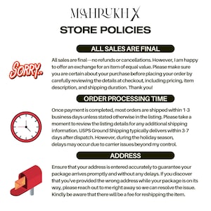 May include: Image of store policies with text including "All Sales Are Final", "Order Processing Time", and "Address". A red mailbox and clock are also shown. The store name "MAHRUKH X" is at the top.