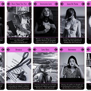 Pode incluir: Um conjunto de 10 cartas de tar&ocirc; com bordas rosa e imagens em preto e branco. Cada carta apresenta uma imagem e um texto diferentes relacionados ao amor e aos relacionamentos. Os t&iacute;tulos das cartas incluem "Amor T&oacute;xico", "Retorno do Passado", "Amor Infatuado", "Bom no Papel", "Desejo Realizado", "Amante Secreto", "Divorciado", "Viagem Longa", "Abstin&ecirc;ncia" e "Caso de Escrit&oacute;rio".