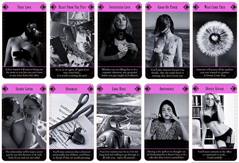 Pode incluir: Um conjunto de 10 cartas de tar&ocirc; com bordas rosa e imagens em preto e branco. Cada carta apresenta uma imagem e um texto diferentes relacionados ao amor e aos relacionamentos. Os t&iacute;tulos das cartas incluem "Amor T&oacute;xico", "Retorno do Passado", "Amor Infatuado", "Bom no Papel", "Desejo Realizado", "Amante Secreto", "Divorciado", "Viagem Longa", "Abstin&ecirc;ncia" e "Caso de Escrit&oacute;rio".