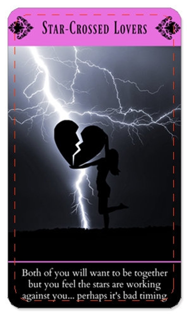 Pode incluir: Uma silhueta preta de uma pessoa segurando um cora&ccedil;&atilde;o partido contra um fundo escuro com um raio branco. O texto "STAR-CROSSED LOVERS" est&aacute; no topo da imagem. O texto abaixo da imagem diz "Voc&ecirc;s dois v&atilde;o querer estar juntos, mas sentem que as estrelas est&atilde;o trabalhando contra voc&ecirc;s... talvez seja um mau momento."