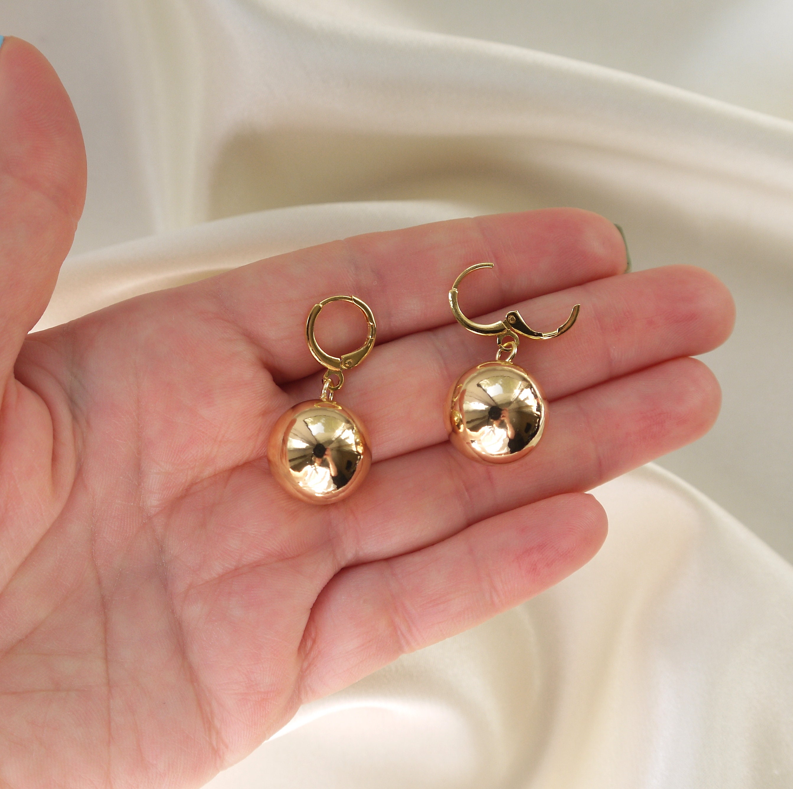 Gold Ball Dangle Earrings Huggie Hoops with Ball Drops 16mm Etsy