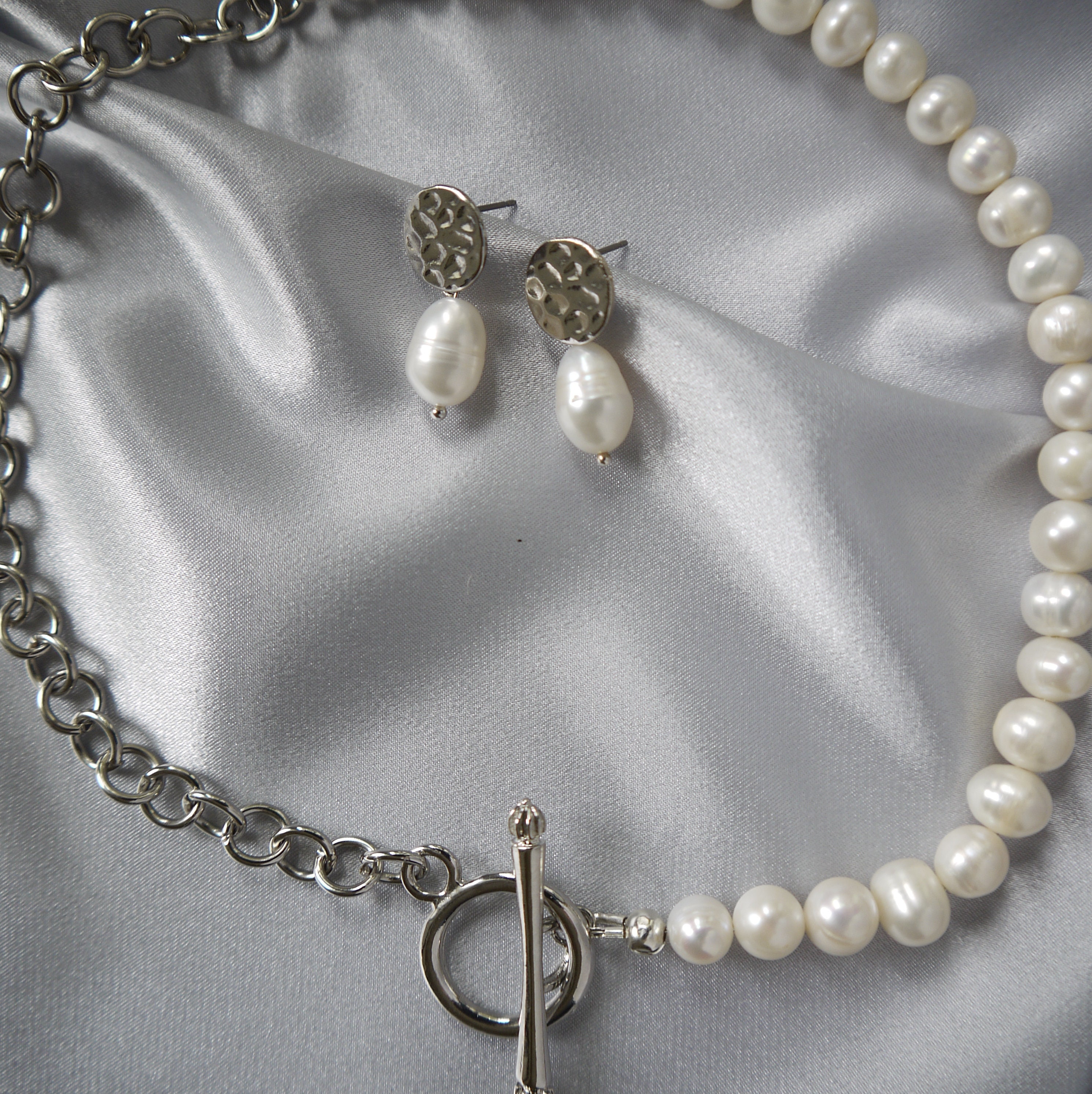 Half Pearl Half Chain Necklace Front Toggle Silver Necklace Etsy