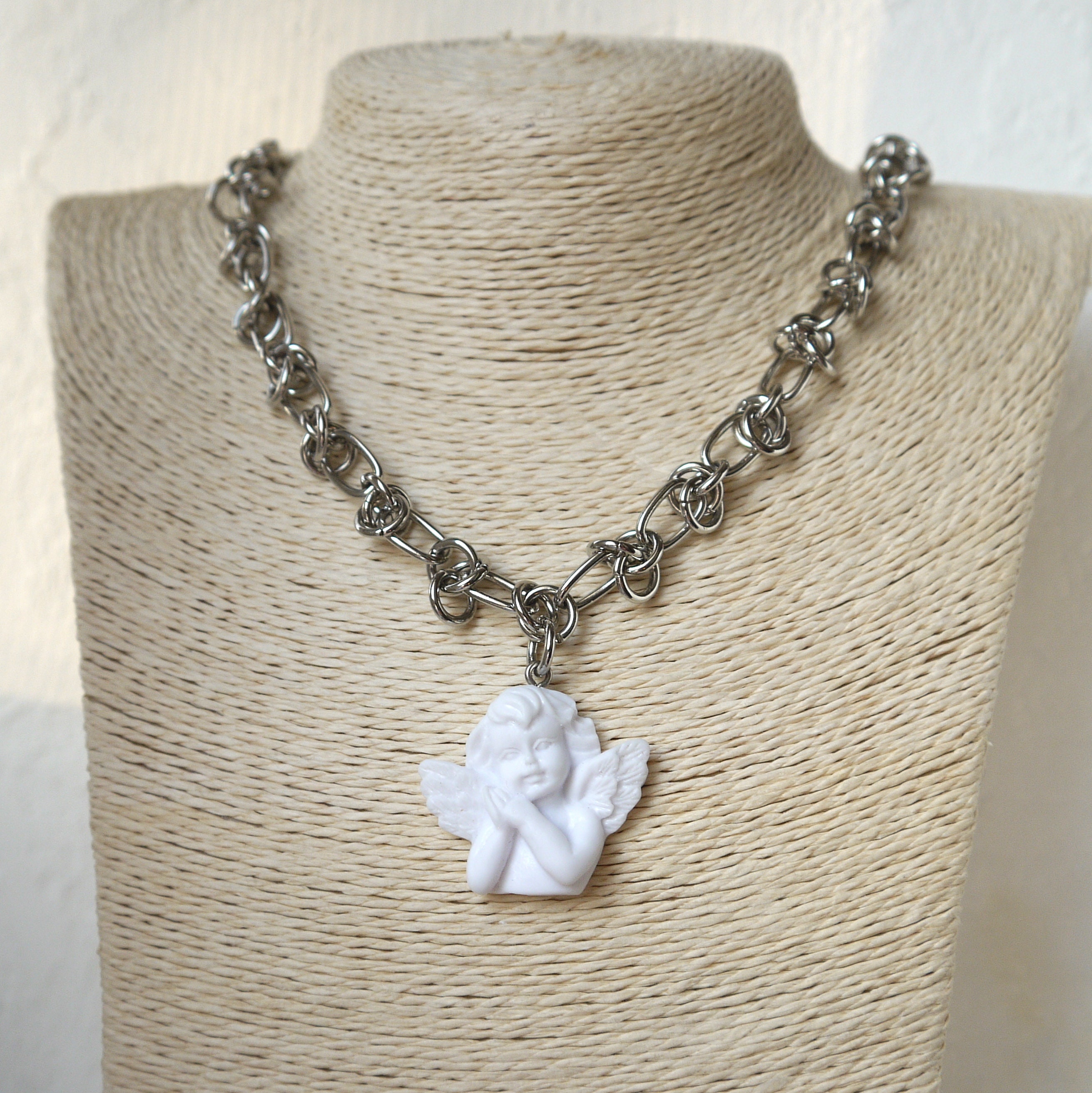 Angel Necklace with Silver Chain Large Unusual Link Chain Etsy